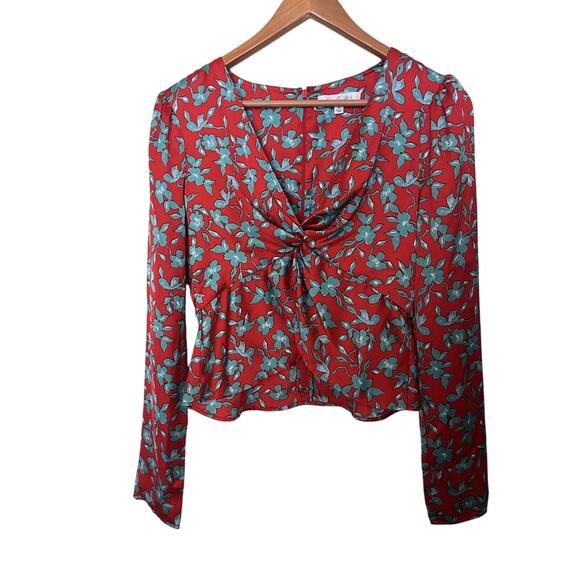 Love, Whit by Whitney Floral Long Sleeve Crop Satin V Neck Top Size Medium Red - Picture 3 of 10